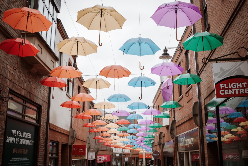 pink umbrellas hanging on the street during daytime