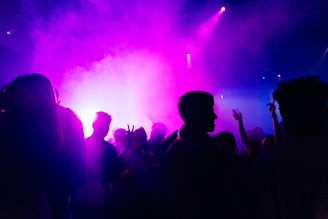 Silhouettes of people dance in a dimly lit environment filled with vibrant purple and blue lights, creating a lively and energetic atmosphere. Some of the individuals have their hands raised, as if enjoying the music and ambiance.