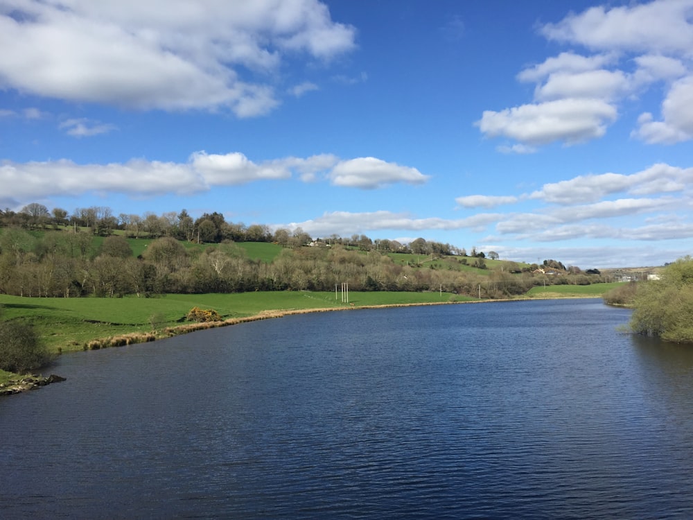 green grass field near body of water under blue sky during daytime