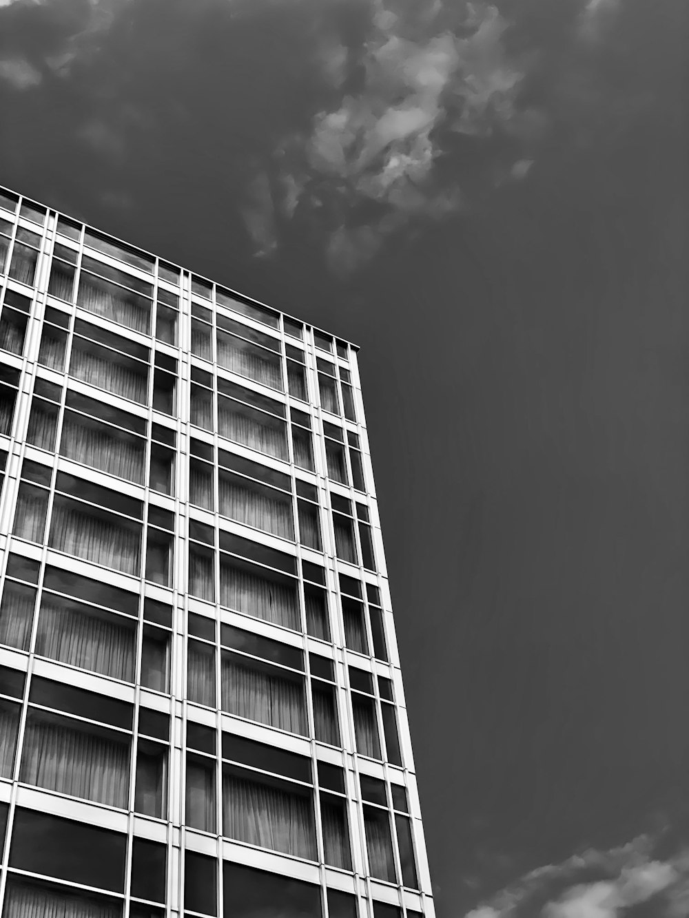 Foto en escala de grises de un edificio de gran altura