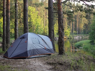 gray and black tent near lake during daytime
