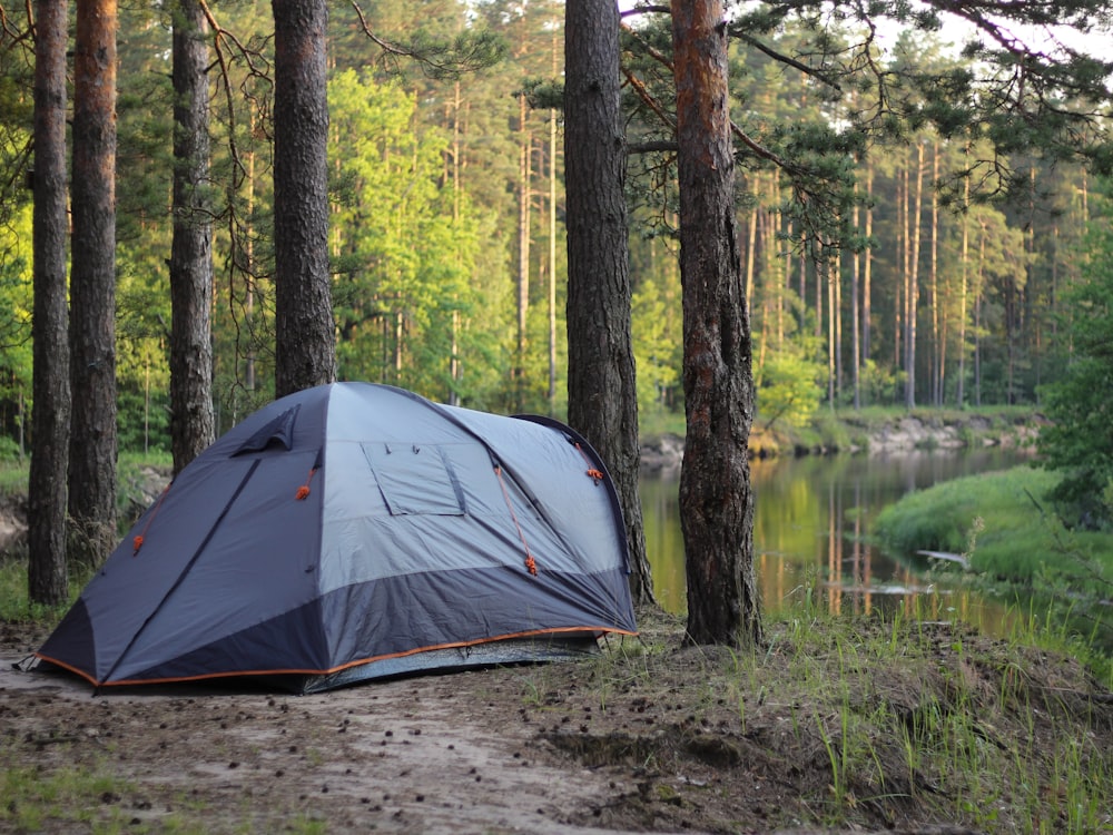 gray and black tent near lake during daytime