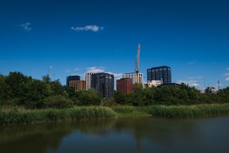 A cityscape with modern high-rise buildings set against a bright blue sky. A construction crane is visible, indicating ongoing development. Lush greenery and a calm water body are in the foreground, contrasting with the urban structures.