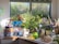 A kitchen counter is filled with various items, including colorful potted plants and an array of dishes and utensils around a sink. A window provides a view of trees outside, allowing sunlight to illuminate the room. A vibrant ceramic container is on the counter, along with bottles and kitchen tools.