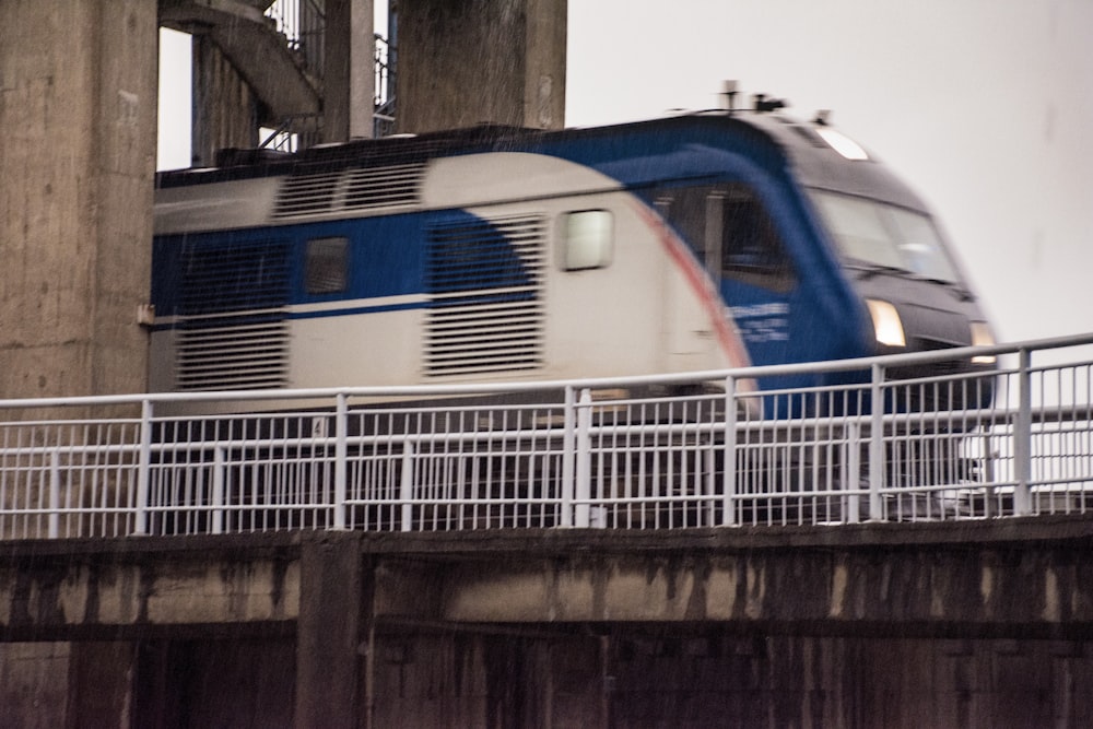 blue and white train on rail