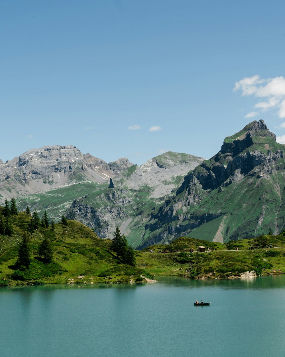 green trees near lake and mountain under blue sky during daytime