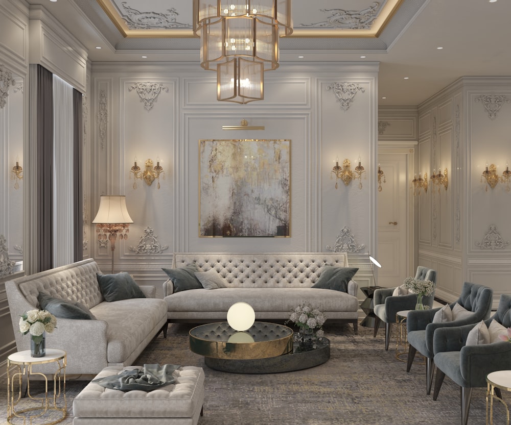 living room with white sofa and brown wooden coffee table