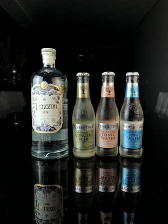 A lineup of four beverage bottles arranged in a row, with one large bottle on the left and three smaller bottles on the right. The large bottle is gin, while the smaller ones are Fever-Tree mixers, including ginger beer and tonic waters. The bottles are placed on a reflective black surface, creating a clear mirror reflection. The surroundings are dimly lit, which highlights the bottles and their reflections.