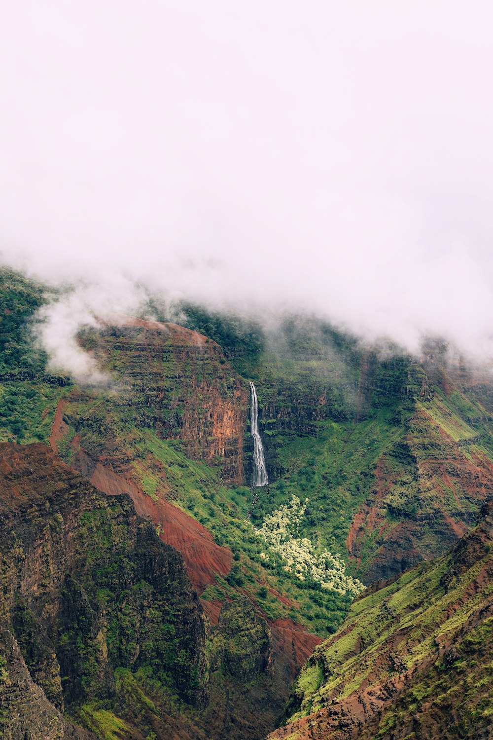 green and brown mountain with fog