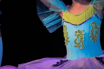 A close-up view of a person wearing a bright, colorful ballet costume with intricate details. The costume features a vibrant mix of blue and yellow, with shimmering embellishments that catch the light. The top part of the costume has ornamental decorations, while sheer fabric adds layers to the design.