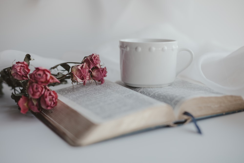 pink rose on book page beside white ceramic mug