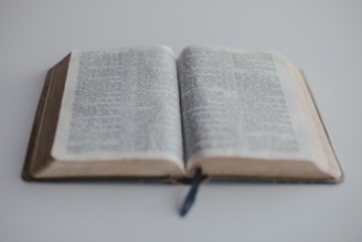An open book resting on a white surface with a visible ribbon bookmark in the center. The focus is on the text on the right page, while the left page appears slightly out of focus. The book's pages have a slightly aged appearance.