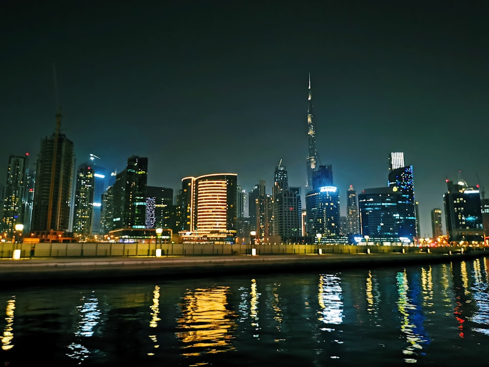 city skyline during night time