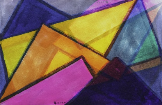 Vibrant artwork showing overlapping colorful triangles and circles with a sense of movement.