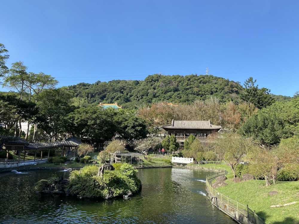 brown and white house near green trees and river during daytime