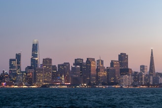 City skyline of Miami Beach at dusk with illuminated buildings.