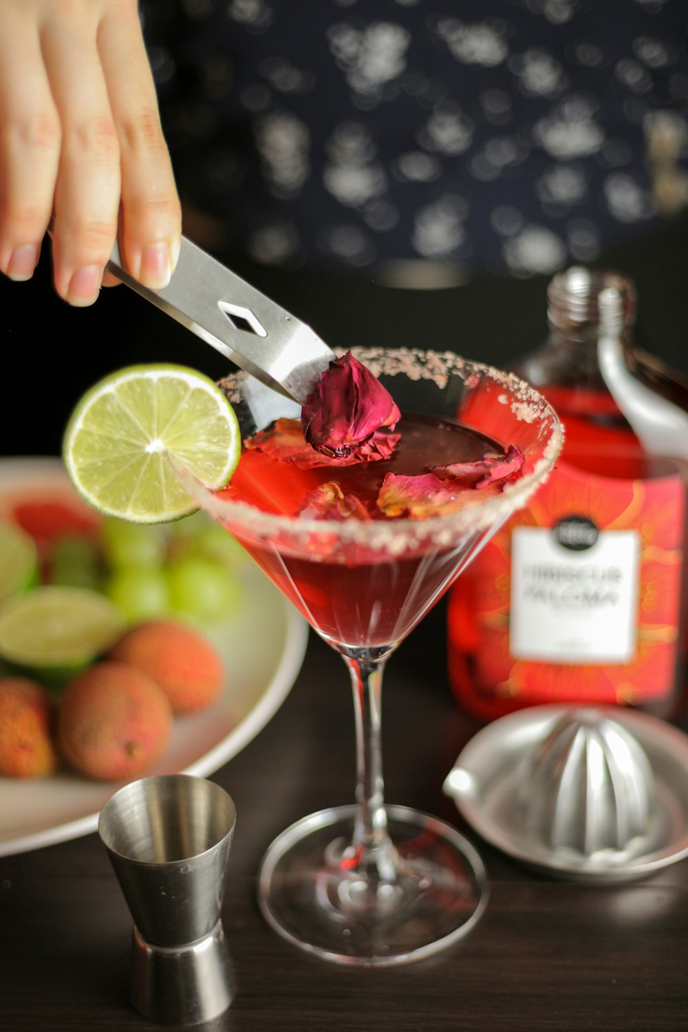 strawberry juice in clear cocktail glass