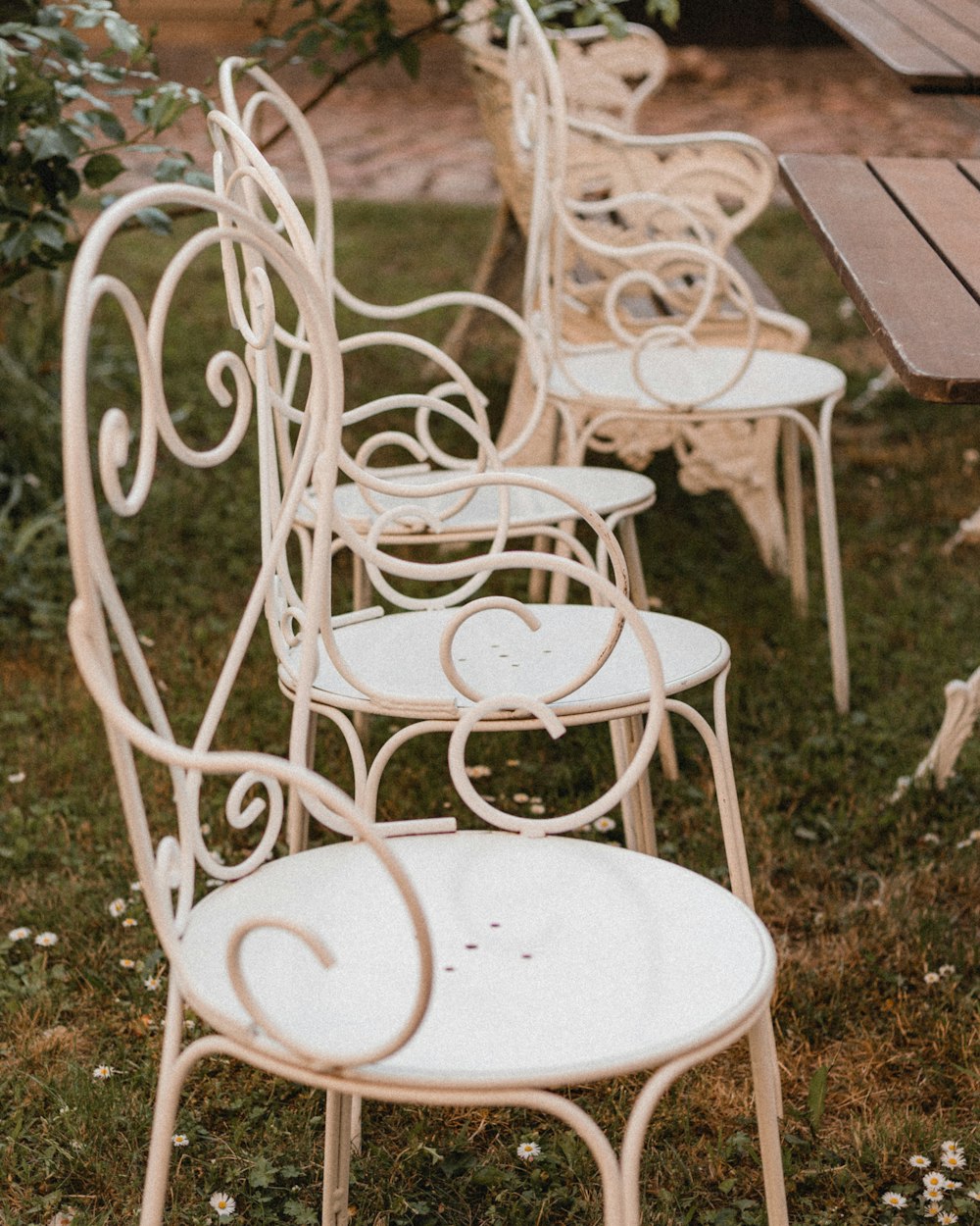 white metal chairs on green grass field