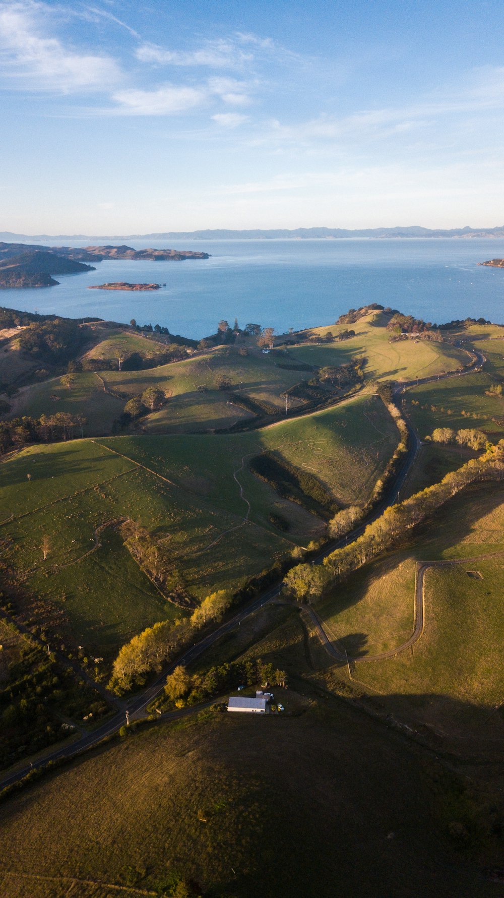 aerial view of green and brown field near body of water during daytime