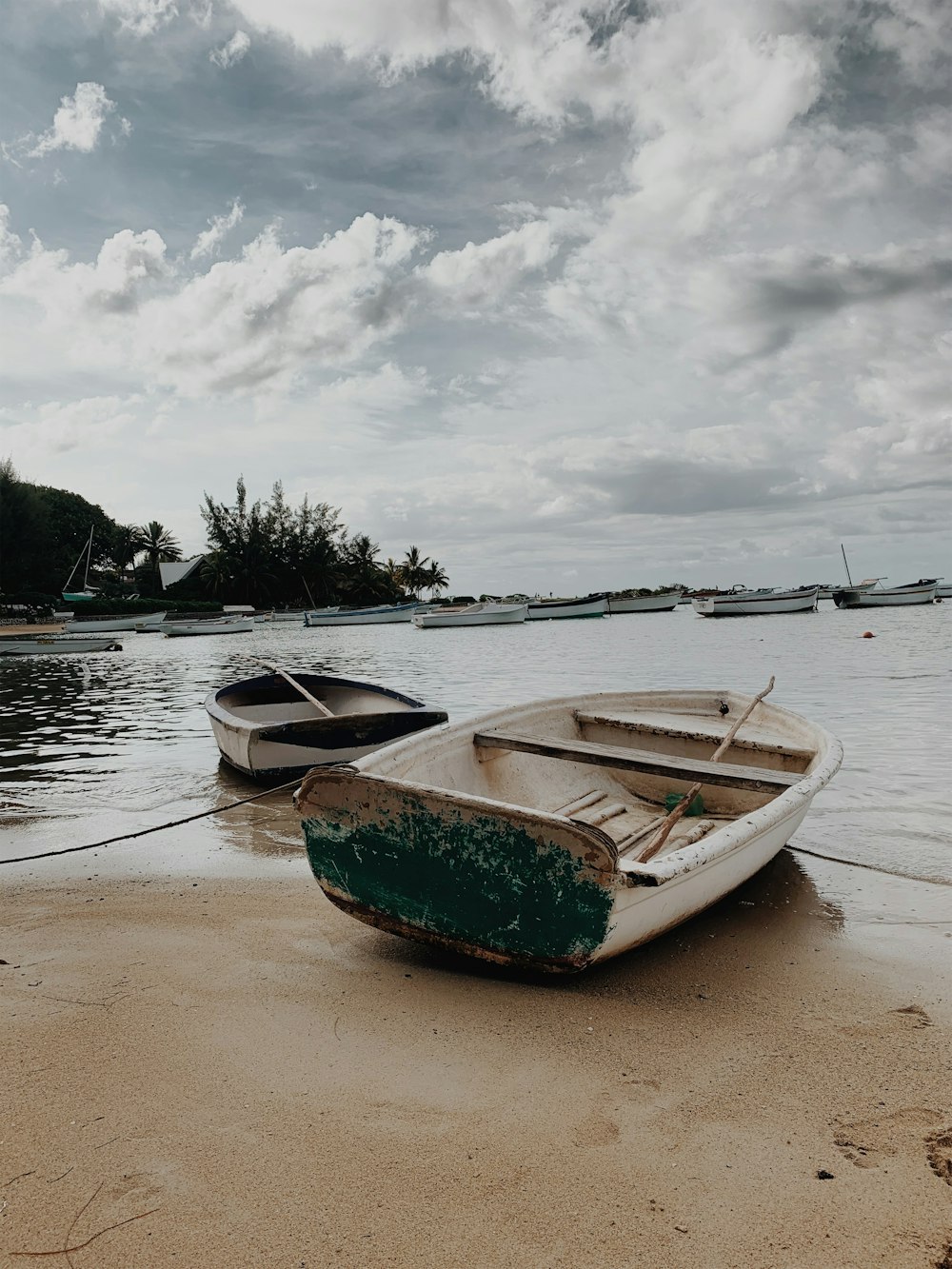 white and green boat on beach during daytime