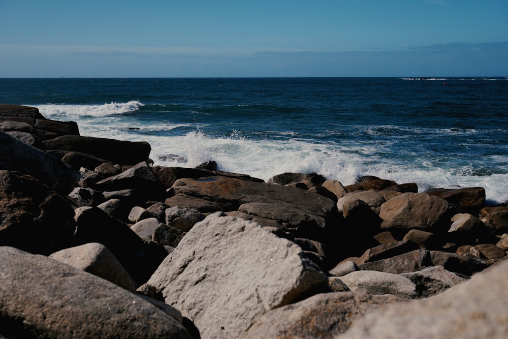 costa rochosa cinzenta perto do corpo de água durante o dia