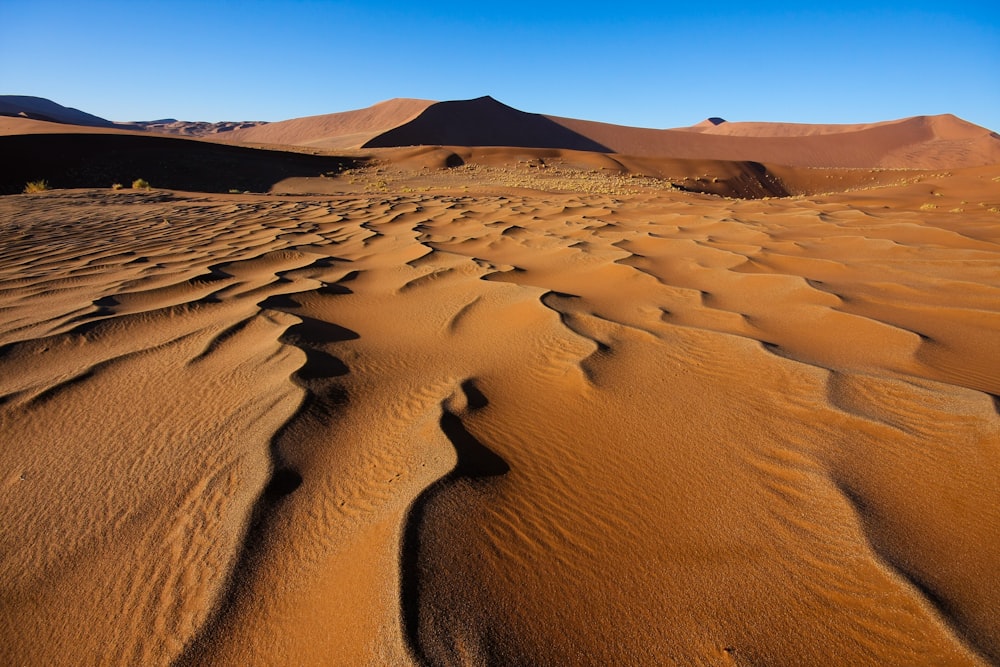昼間の青空の下、茶色い砂原