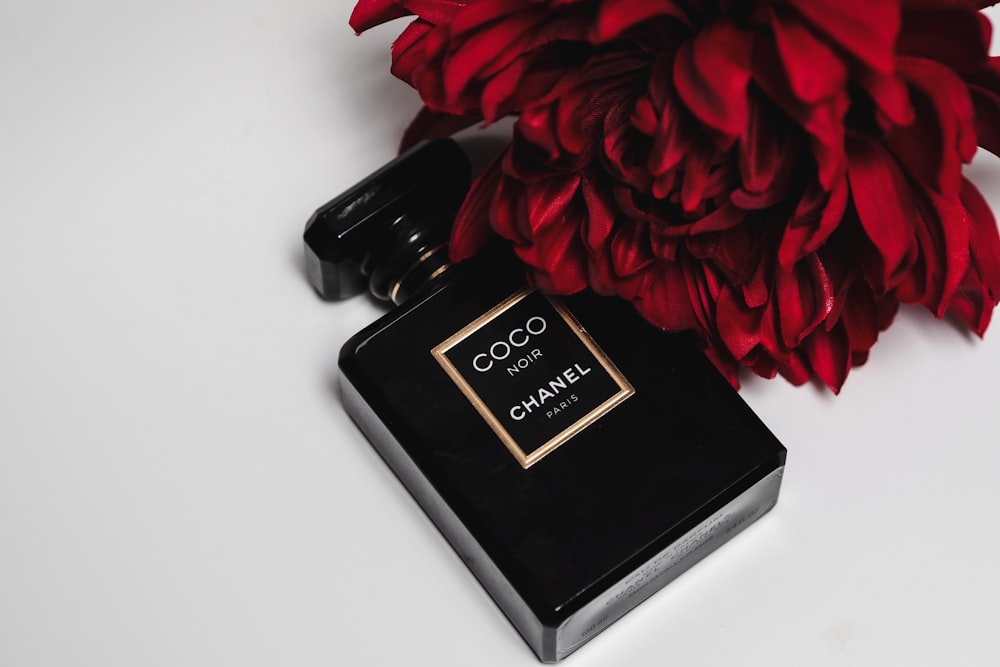 Frasco de perfume negro y dorado junto a rosa roja