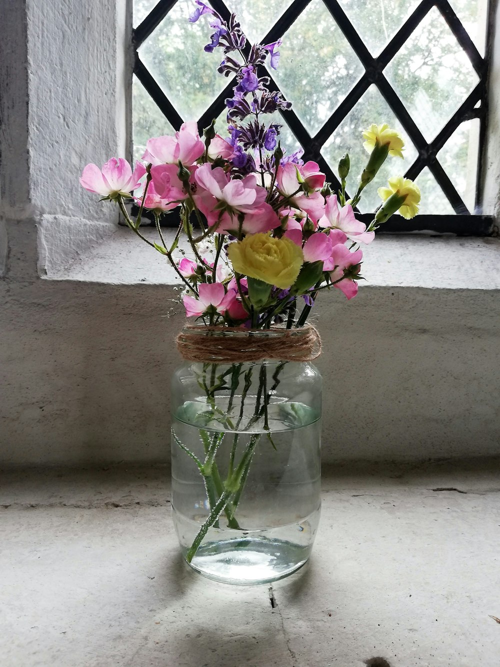 purple and white flowers in clear glass vase