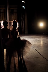 Two ballerinas are standing in the shadows backstage, highlighted by a bright light source that creates a dramatic silhouette effect. The stage floor is visible, and the atmosphere suggests anticipation.