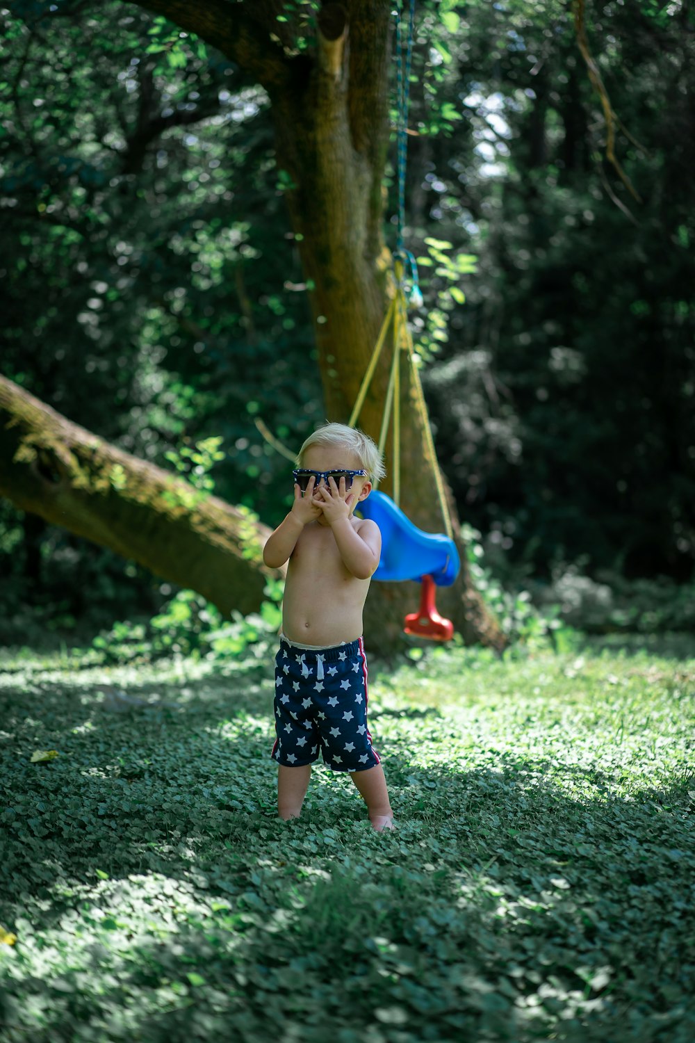 boy in black shorts standing on brown wooden swing during daytime