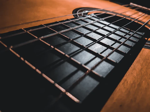 Close-up of a vintage acoustic guitar with warm brown and orange tones on a black background, featuring subtle parallax movement.