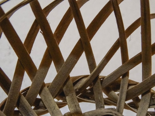 A close-up view of a woven basket structure, showcasing interlaced wooden strips creating a crisscross pattern. The texture of the wood is visible, with varying shades and a natural appearance.