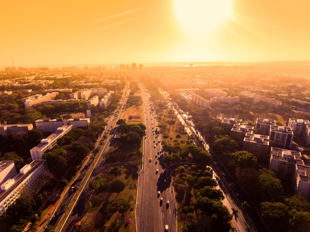 aerial view of city during sunset