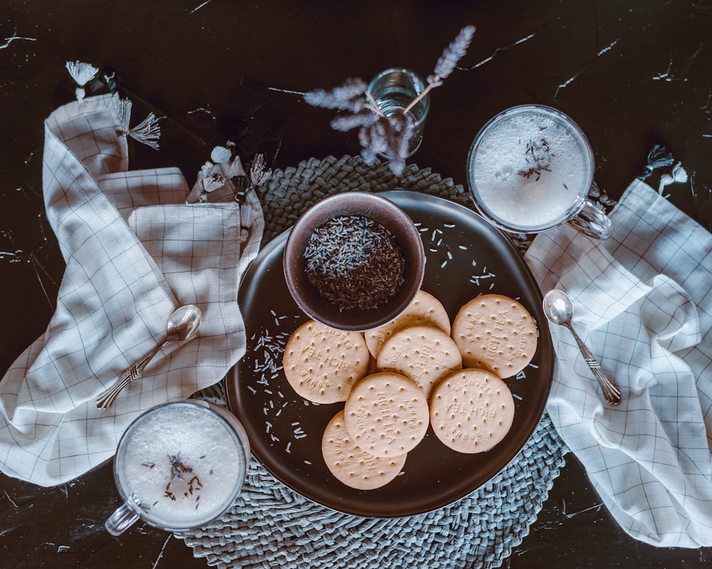 brown cookies on blue ceramic plate