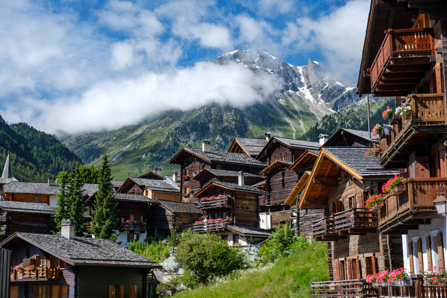 Swiss meadow and chalet below the peaks