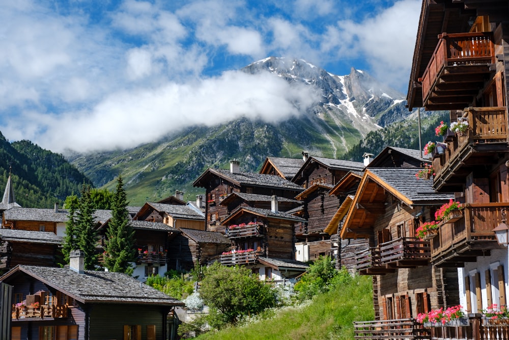 brown wooden houses for building materials near green trees and mountain under white clouds during daytime