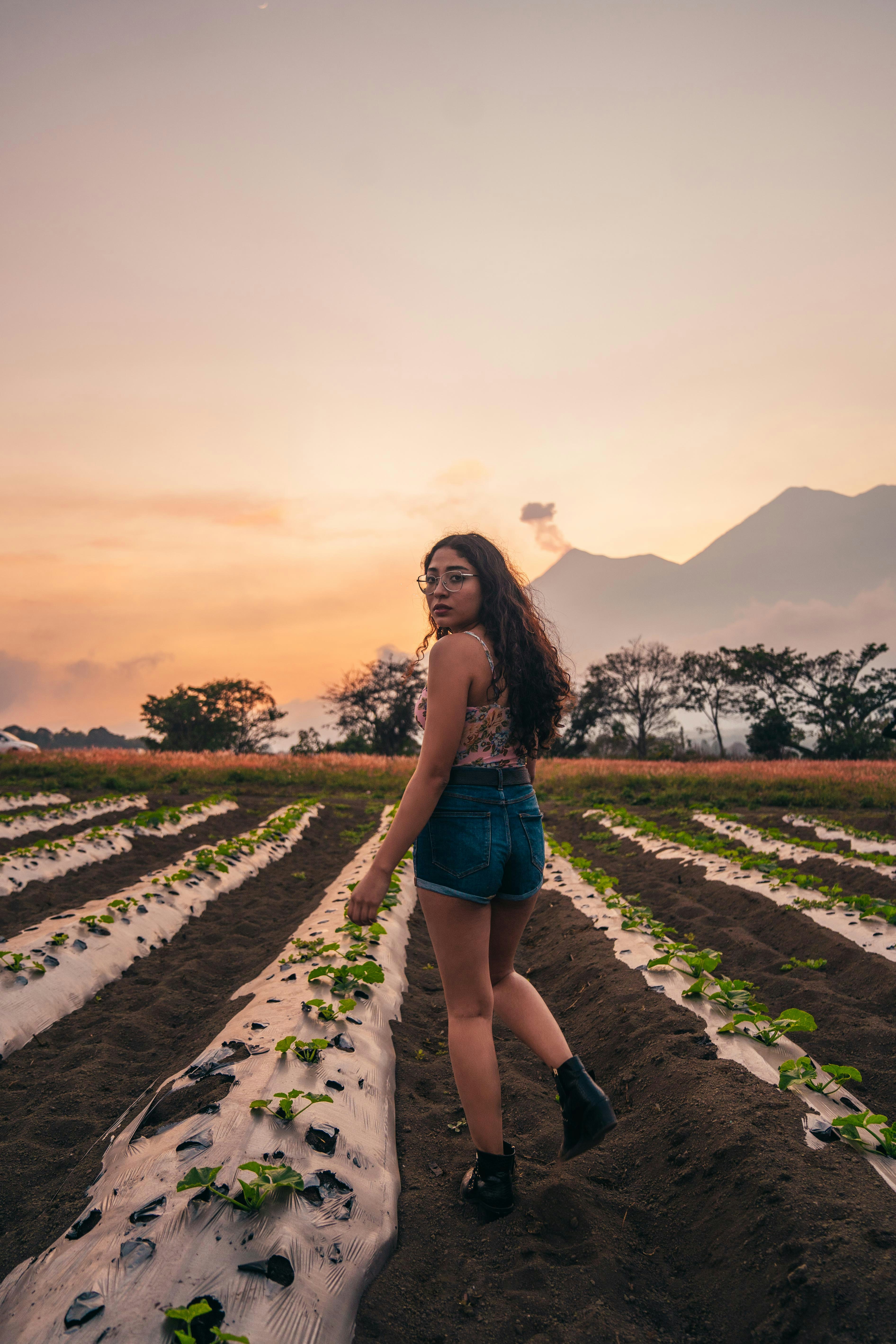 mulher em shorts jeans azuis em pé no campo de grama verde durante o pôr do sol
