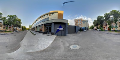 A panoramic view of a completed commercial building.