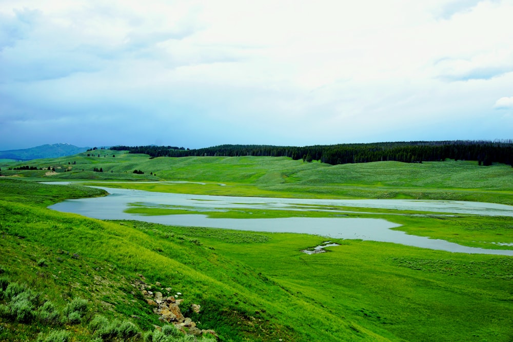 green grass field near lake under white clouds during daytime