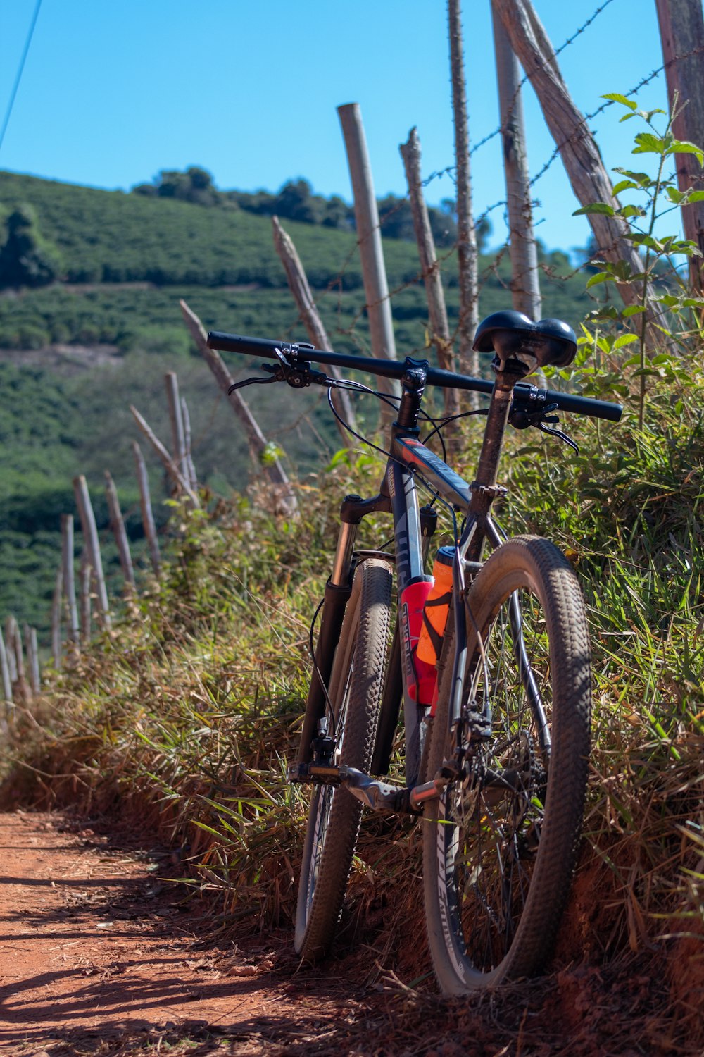 mountain bike hardtail preta e laranja no campo de grama marrom durante o dia