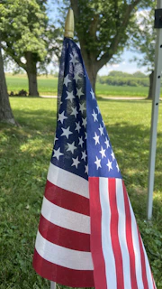 A close-up of a neatly edged sidewalk with vibrant green grass and a patriotic flag planted in the flowerbed.