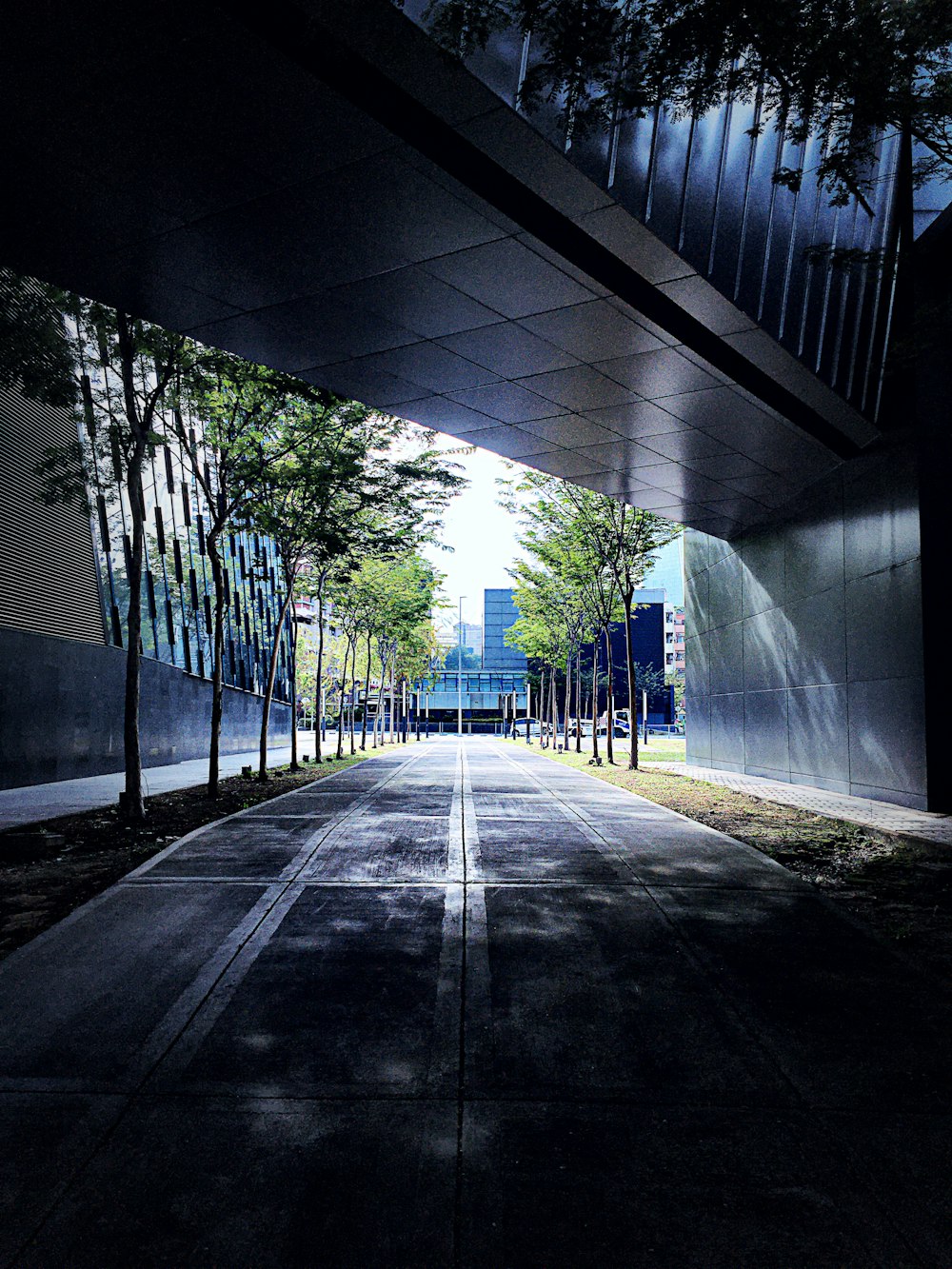 black concrete road with blue light