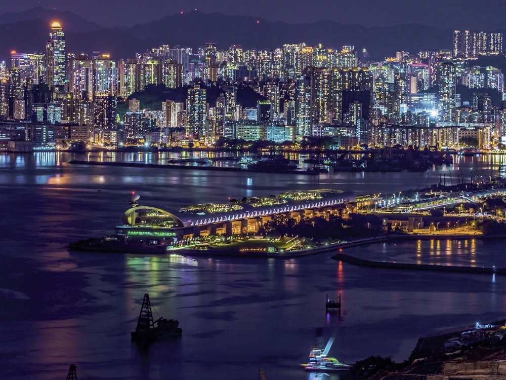 city skyline during night time