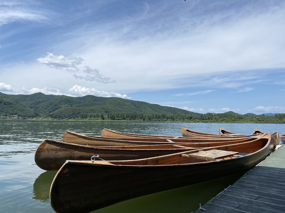 日中の水域に浮かぶ茶色の木造船