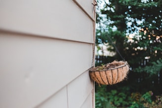 A coconut fiber hanging basket is attached to the side of a wooden house, positioned against a backdrop of lush green foliage. The focus is on the basket, with its earthy textures contrasting against the pastel siding of the house, while the trees in the background are slightly out of focus.