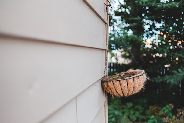 A coconut fiber hanging basket is attached to the side of a wooden house, positioned against a backdrop of lush green foliage. The focus is on the basket, with its earthy textures contrasting against the pastel siding of the house, while the trees in the background are slightly out of focus.