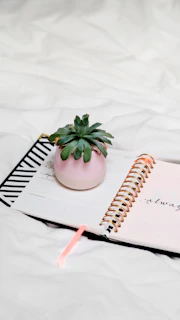 A cozy, minimalist printable planner page styled with a small succulent and pen.