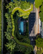 An aerial view of a city scene with a road bordered by a lush, green rooftop garden. The garden features meandering pathways, various plants, and a pool of water. There are several vehicles on the road adjacent to the building.