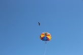 A vibrant, multicolored parachute floats in a clear blue sky with a bird flying nearby. The parachute is tethered to individuals engaged in parasailing, creating a sense of adventure.