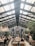A spacious restaurant featuring a glass ceiling with natural light pouring in. Diners are seated at wooden tables, enjoying meals in a lively atmosphere. Elegant chandeliers and lush green plants add to the ambiance, creating a modern and inviting environment.